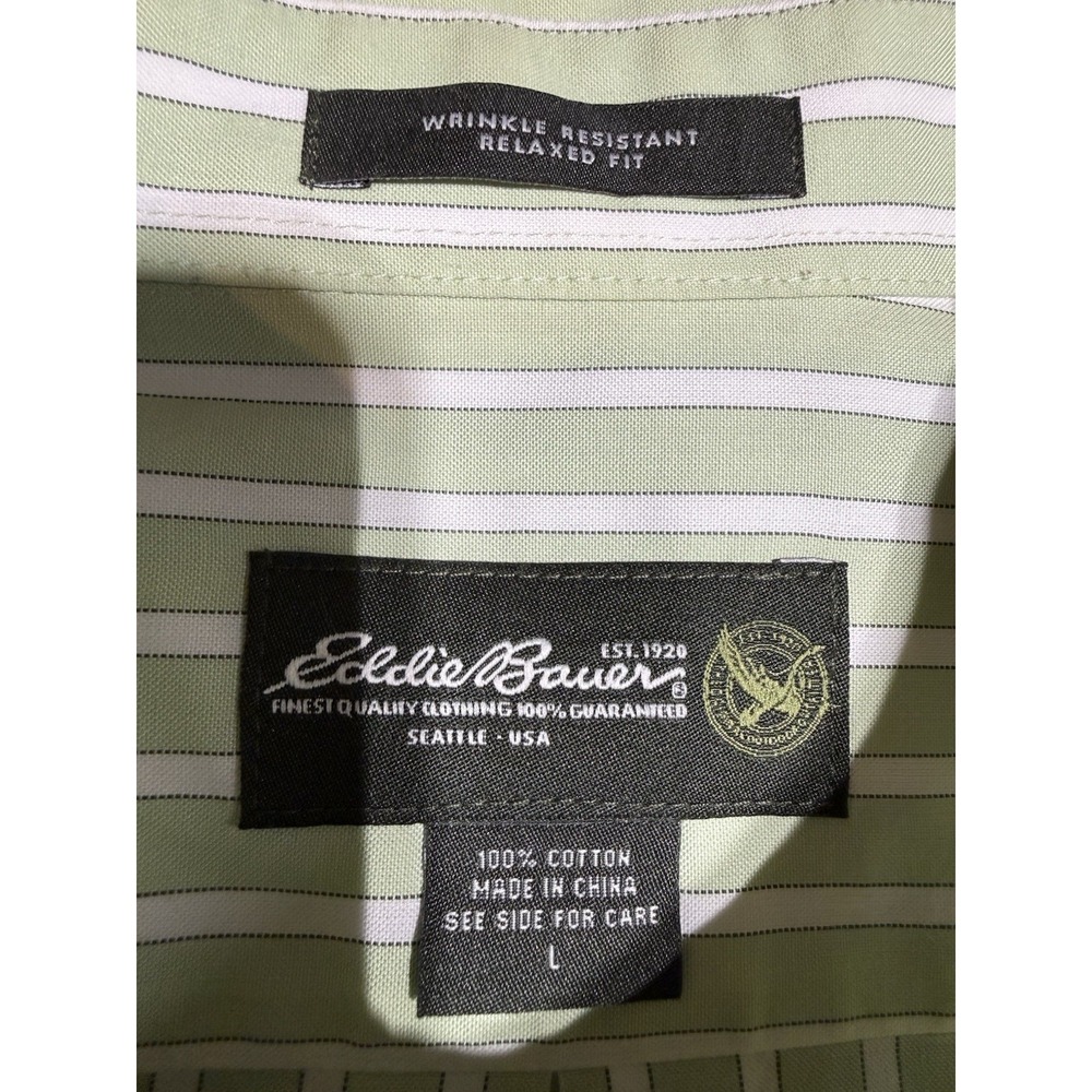 Eddie Bauer Shirt Mens L Green White Stripe Wrinkle Resistant Cotton Relaxed Fit - Picture 3 of 6